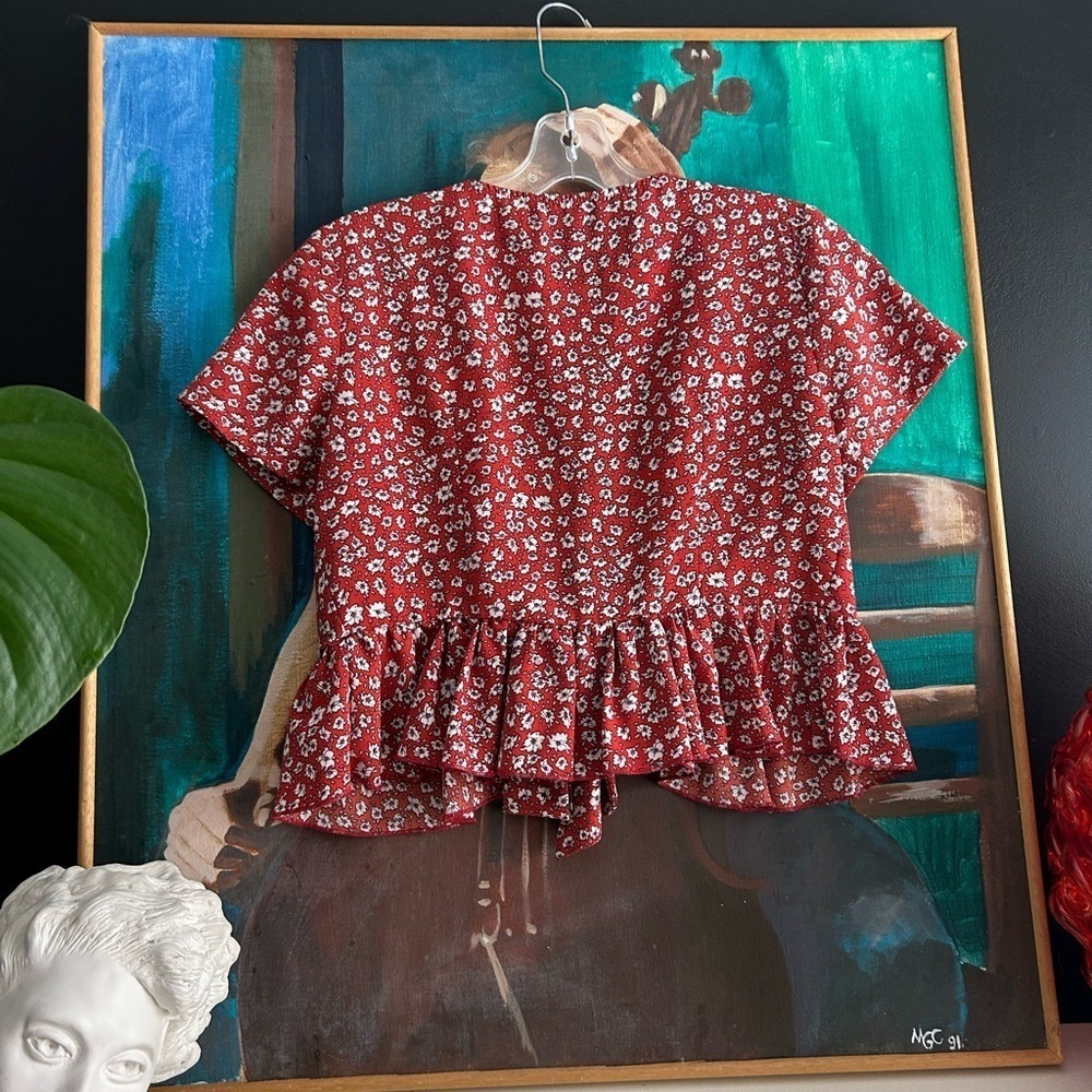 SHEIN Red Floral Tie Front Peplum Blouse Women’s Boho Cottagecore Crop Top - Picture 2 of 15